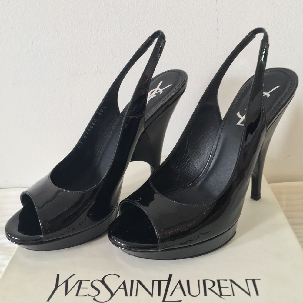 Yves Saint Laurent black patent leather sling back